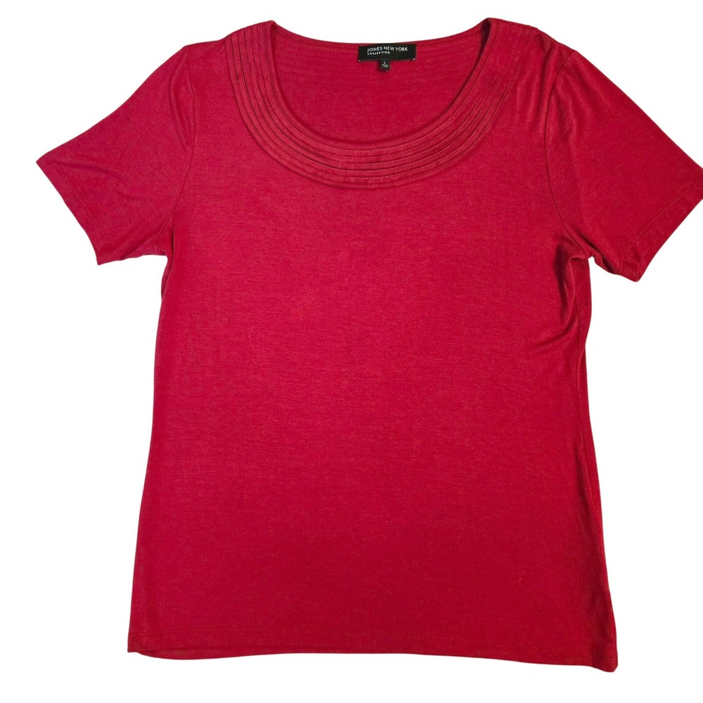 Jones New York Bold Chic Red Pleated Scoop Neck Short Sleeve Top Women's L